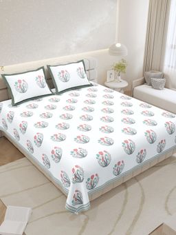 JAIPUR FABRIC - Pure Cotton Hand Block White Flat King Bedsheet With 2 Pillow Covers (King)