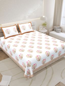 JAIPUR FABRIC - Pure Cotton Hand Block White Flat King Bedsheet With 2 Pillow Covers (King)