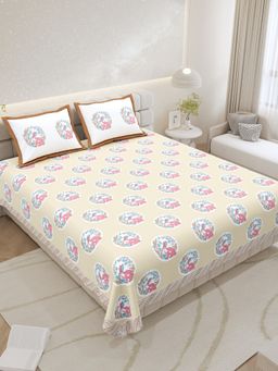 JAIPUR FABRIC - Pure Cotton Hand Block Beige Flat King Bedsheet With 2 Pillow Covers (King)
