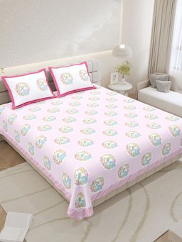 JAIPUR FABRIC - Pure Cotton Hand Block Baby Pink Flat King Bedsheet With 2 Pillow Covers (King)
