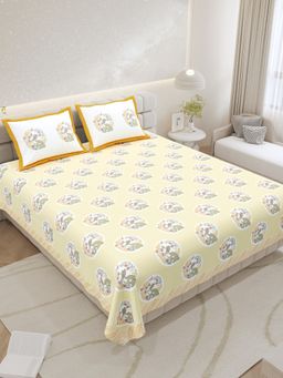 JAIPUR FABRIC - Pure Cotton Hand Block Yellow Flat King Bedsheet With 2 Pillow Covers (King)