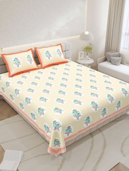 JAIPUR FABRIC - Pure Cotton Hand Block Beige Flat King Bedsheet With 2 Pillow Covers (King)