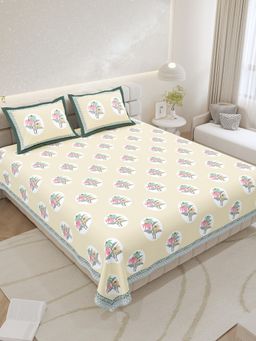 JAIPUR FABRIC - Pure Cotton Hand Block Beige Flat King Bedsheet With 2 Pillow Covers (King)