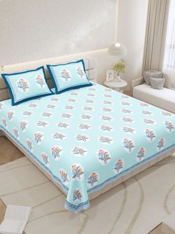 JAIPUR FABRIC - Pure Cotton Hand Block Sky Blue Flat King Bedsheet With 2 Pillow Covers (King)