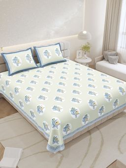 JAIPUR FABRIC - Pure Cotton Hand Block Flat King Bedsheet With Pillow Covers (King)