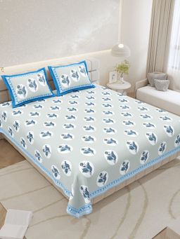 JAIPUR FABRIC - Pure Cotton Hand Block Blue Flat King Bedsheet With 2 Pillow Covers (King)