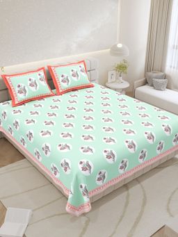 JAIPUR FABRIC - Pure Cotton Hand Block Light Green Flat King Bedsheet With 2 Pillow Covers (King)