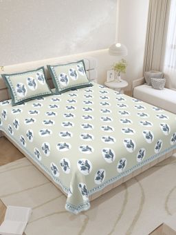 JAIPUR FABRIC - Pure Cotton Hand Block Sage Green Flat King Bedsheet With 2 Pillow Covers (King)