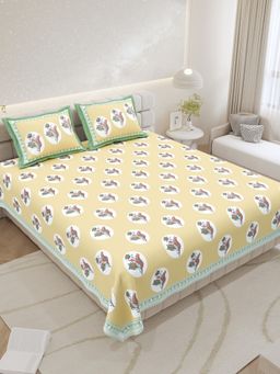 JAIPUR FABRIC - Pure Cotton Hand Block White Flat King Bedsheet With 2 Pillow Covers (King)