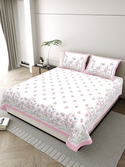 JAIPUR FABRIC - Pure Cotton Hand Block White Flat King Bedsheet With 2 Pillow Covers (King)