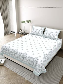 JAIPUR FABRIC - Pure Cotton Hand Block White Flat King Bedsheet With 2 Pillow Covers (King)