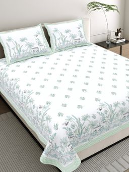 JAIPUR FABRIC - Pure Cotton Hand Block White Flat King Bedsheet With 2 Pillow Covers (King)