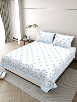 JAIPUR FABRIC - Pure Cotton Hand Block White Flat King Bedsheet With 2 Pillow Covers (King)