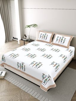 JAIPUR FABRIC - Pure Cotton Hand Block White Flat King Bedsheet With 2 Pillow Covers (King)