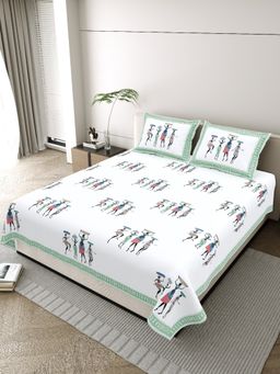 JAIPUR FABRIC - Pure Cotton Hand Block White Flat King Bedsheet With 2 Pillow Covers (King)