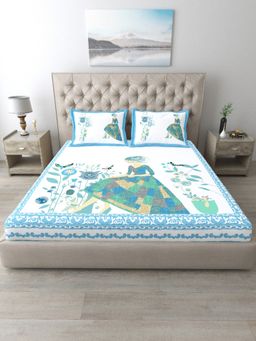 JAIPUR FABRIC - Pure Cotton Hand Block White Flat King Bedsheet With 2 Pillow Covers (King)