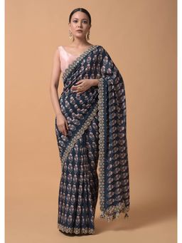 KALKI FASHION - Navy Blue Saree with Floral Printed Buttis and Gotta Embroidered Border