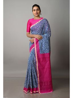 Unnati Silks - Navy Blue Floral Printed Chanderi Sico Saree with Unstitched Blouse
