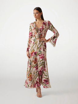 Guess - Women Multi-Color Floral Print Tie-Up Neck A-Line Maxi Dress