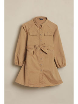 Allen Solly - Girls Khaki Solid Casual Dress with Belt