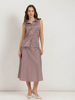 FableStreet - Dusty Pink Stripes Printed Shirt and Flared Skirt