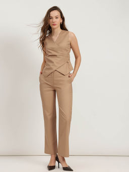 FableStreet - Beige Solid Straight Fit Co-Ord Set