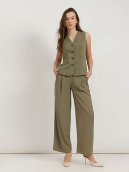 FableStreet - Olive Green Solid Straight Fit Co-Ord Set