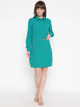 Guess - Women Teal Solid Collar Full Sleeve Shirt Dress with Belt