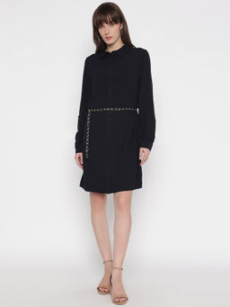 Guess - Women Black Solid Collar Full Sleeve Shirt Dress with Belt