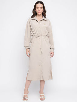 Guess - Women Beige Solid Collar Full Sleeve Shirt Dress