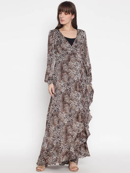 Guess - Women Brown Printed V-Neck Full Sleeve Wrap Dress