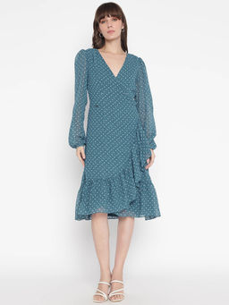 Guess - Women Teal Printed V-Neck Full Sleeve Wrap Dress