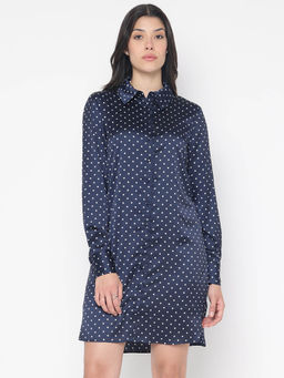 Guess - Women Navy Blue Printed Collar Neck Full Sleeve Shirt Dress