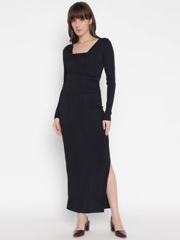 Guess - Women Black Ribbed V-Neck Full Sleeve Wrap Dress