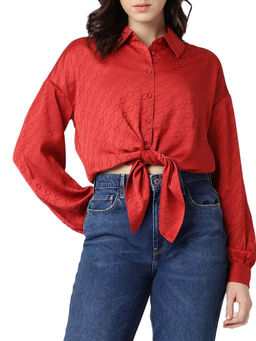 Guess - Women Red Printed Spread Collar Long Sleeves Shirt