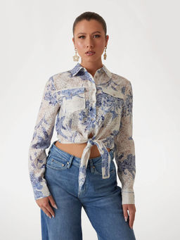 Guess - Women White Floral Printed Long Sleeves Crop Shirt