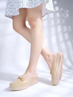 Shoetopia - Upper Bow Detailed Beige Slip-On Mules Heels for Women