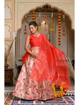 Indi Inside - Aahana Red Brocade Semi-Stitched Lehenga with Unstitched Blouse & Dupatta (Set of 3)