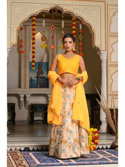 Indi Inside - Aahana Yellow Brocade Semi-Stitched Lehenga with Unstitched Blouse & Dupatta (Set of 3)