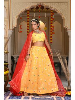 Indi Inside - Ati Yellow Gota Work Semi-Stitched Lehenga with Unstitched Blouse & Dupatta (Set of 3)
