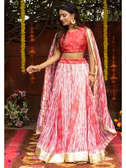 Indi Inside - Vedika Red Tie Dye Semi-Stitched Lehenga with Unstitched Blouse & Dupatta (Set of 3)