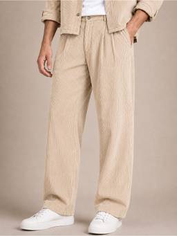 Perch - Beige Corduroy Regular Fit Pleated Trouser