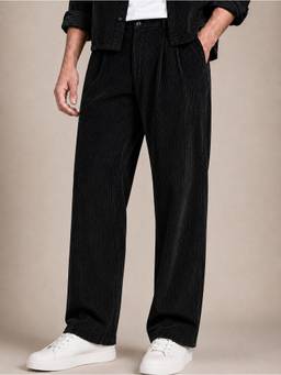 Perch - Black Corduroy Regular Fit Pleated Trouser