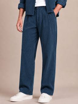 Perch - Navy Blue Corduroy Regular Fit Pleated Trouser