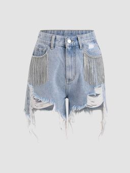 Cider - Diamond Tassels Ripped Denim Shorts