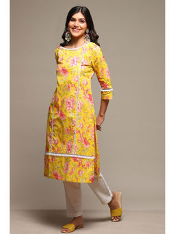 Biba - Womens Yellow Printed Cotton Straight Kurta