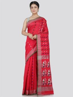 PinkLoom - Women's Cotton Blend Saree with Unstitched Blouse Piece, Pink
