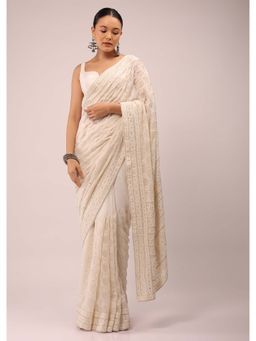KALKI FASHION - Off White Georgette Saree in Moroccan Lucknow Threadwork with Unstitched Blouse