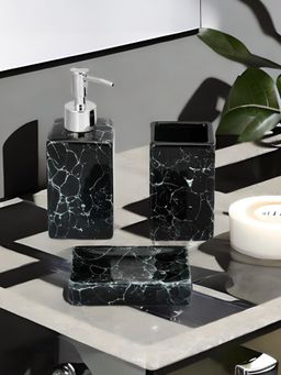 At Home by Nilkamal - Ceramic Bath Accessory Set Of 3 - Soap Dispenser- Tumbler And Soap Dish -Black
