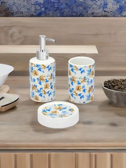 At Home by Nilkamal - Floral Ceramic Bath Accessory Set Of 3 Tumbler And Soap Dish -Blue